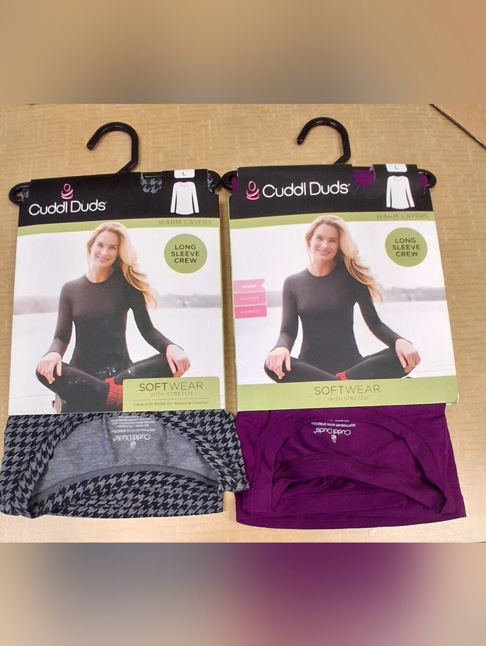 Cuddl Duds Women’s Long Sleeve Softwear Crew Tops - Purple and Gray Houndstooth